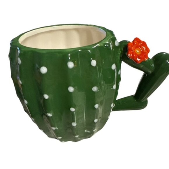 CACTUS Ceramic Coffee Mug Cup Succulent Green Desert Orange Flower Plant Handle - Picture 1 of 5